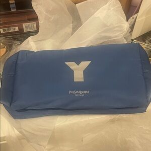 Yves Saint Laurent Blue Toiletry Pouch with Silver Y Logo